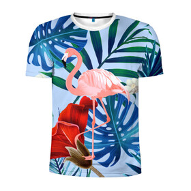 Мужская футболка 3D спортивная с принтом Фламинго в папоротнике в Белгороде, 100% полиэстер с улучшенными характеристиками | приталенный силуэт, круглая горловина, широкие плечи, сужается к линии бедра | папоротник | птица | рисунок | тропики | фламинго | фламинго в папоротнике