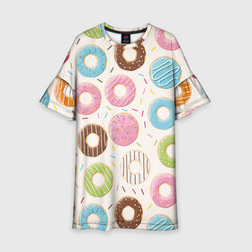 Детское платье 3D с принтом Пончики / Donuts в Белгороде, 100% полиэстер | прямой силуэт, чуть расширенный к низу. Круглая горловина, на рукавах — воланы | bagel | cookies | donut | pastry | pie | ring | бублик | выпечка | колечко | печенье | пирожок | пончик