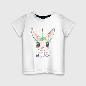 Детская футболка хлопок с принтом Кролик-единорог в Белгороде, 100% хлопок | круглый вырез горловины, полуприлегающий силуэт, длина до линии бедер | animals | bunny | unicorn | единорог | животные | кролик
