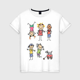 Женская футболка хлопок с принтом Дети в Белгороде, 100% хлопок | прямой крой, круглый вырез горловины, длина до линии бедер, слегка спущенное плечо | девочка | дети | игра | картинки | мальчик | рисунок
