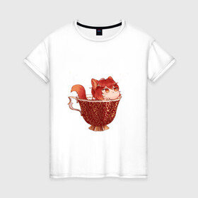 Женская футболка хлопок с принтом Котик Дилюк в Белгороде, 100% хлопок | прямой крой, круглый вырез горловины, длина до линии бедер, слегка спущенное плечо | арт | дилюк | кружка | кружка чая | милый парень | неко | рисунок | чашка