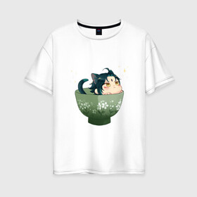 Женская футболка хлопок Oversize с принтом Котик Сяо в Белгороде, 100% хлопок | свободный крой, круглый ворот, спущенный рукав, длина до линии бедер
 | арт | кружка | кружка чая | милый парень | неко | рисунок | сяо | чашка