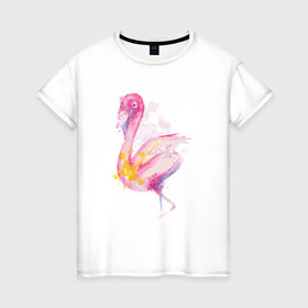 Женская футболка хлопок с принтом Фламинго рисунок акварелью в Белгороде, 100% хлопок | прямой крой, круглый вырез горловины, длина до линии бедер, слегка спущенное плечо | africa | afrika | aquarel | bird | fashion | flamingo | paint | painted | pink flamingo | summer | watercolor | watercolour | акварельный рисунок | африка | красками | краски | лето | мода | нарисованный фламинго | птица | розовый фламинго | 