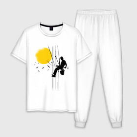 Мужская пижама хлопок с принтом Рабочий включает солнце в Белгороде, 100% хлопок | брюки и футболка прямого кроя, без карманов, на брюках мягкая резинка на поясе и по низу штанин
 | Тематика изображения на принте: art | on off | plug | pluggin | plugging | sky | sun | sunset | worker | альпинист | арт | верхолаз | вкл выкл | включает в розетку | восход солнца | выключает солнце | закат | небо | подключено | птицы | рисунок | розетка