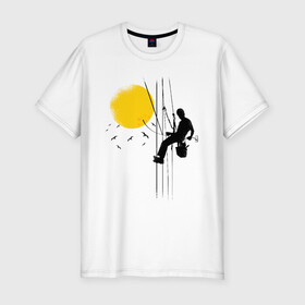 Мужская футболка хлопок Slim с принтом Рабочий включает солнце в Белгороде, 92% хлопок, 8% лайкра | приталенный силуэт, круглый вырез ворота, длина до линии бедра, короткий рукав | art | on off | plug | pluggin | plugging | sky | sun | sunset | worker | альпинист | арт | верхолаз | вкл выкл | включает в розетку | восход солнца | выключает солнце | закат | небо | подключено | птицы | рисунок | розетка