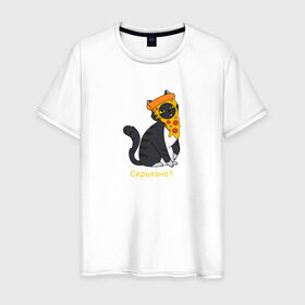 Мужская футболка хлопок с принтом Забавный кот в Белгороде, 100% хлопок | прямой крой, круглый вырез горловины, длина до линии бедер, слегка спущенное плечо. | Тематика изображения на принте: животные | кот | котенок | пицца | смешной кот