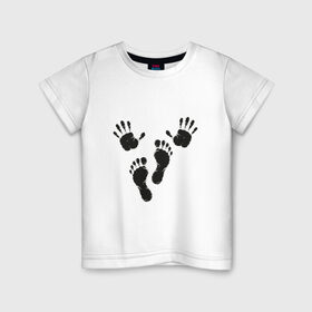 Детская футболка хлопок с принтом Руки-ноги в Белгороде, 100% хлопок | круглый вырез горловины, полуприлегающий силуэт, длина до линии бедер | ноги | отпечатки | руки | руки ноги | черное лого | черные отпечатки | черный принт