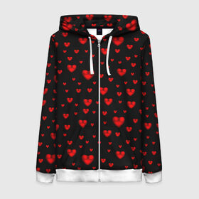 Женская толстовка 3D на молнии с принтом Красные сердца в Белгороде, 100% полиэстер | длина до линии бедра, манжеты и пояс оформлены мягкой тканевой резинкой, двухслойный капюшон со шнурком для регулировки, спереди молния, по бокам два кармана | heart | love | red | red hearts. | градиент | день святого валентина | красные сердечки | красный | любовь | много сердечек | перламутр | сердце