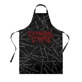 Фартук 3D с принтом Cannibal Corpse | Songs (Z) в Белгороде, 100% полиэстер | общий размер — 65 х 85 см, ширина нагрудника — 26 см, горловина — 53 см, длина завязок — 54 см, общий обхват в поясе — 173 см. Принт на завязках и на горловине наносится с двух сторон, на основной части фартука — только с внешней стороны | cannibal | cannibal corpse | corpse | death metal | deathgrind | алекс уэбстер | брутальный дэт метал | дэт метал | дэтграйнд | пол мазуркевич | роб барретт | труп каннибала