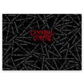 Поздравительная открытка с принтом Cannibal Corpse | Songs (Z) в Белгороде, 100% бумага | плотность бумаги 280 г/м2, матовая, на обратной стороне линовка и место для марки
 | cannibal | cannibal corpse | corpse | death metal | deathgrind | алекс уэбстер | брутальный дэт метал | дэт метал | дэтграйнд | пол мазуркевич | роб барретт | труп каннибала