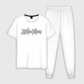 Мужская пижама хлопок с принтом JUJUTSU KAISEN белая надпись в Белгороде, 100% хлопок | брюки и футболка прямого кроя, без карманов, на брюках мягкая резинка на поясе и по низу штанин
 | anime | japan | japanese | jujutsu | jujutsu kaisen | kaisen | sukuna | аниме | двуликий призрак | иероглифы | инумаки | итадори | итадори юдзи | магическая битва | нобара | панда | рёмен | рёмен сукуна | сатору | сукуна | юдзи