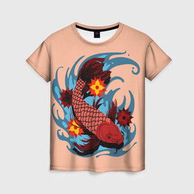 Женская футболка 3D с принтом Японский Карп в Белгороде, 100% полиэфир ( синтетическое хлопкоподобное полотно) | прямой крой, круглый вырез горловины, длина до линии бедер | fish | japan | koi | животные | иероглифы | карпы | кои | рыбы | цветы | япония