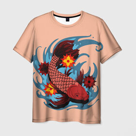 Мужская футболка 3D с принтом Японский Карп в Белгороде, 100% полиэфир | прямой крой, круглый вырез горловины, длина до линии бедер | fish | japan | koi | животные | иероглифы | карпы | кои | рыбы | цветы | япония