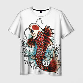 Мужская футболка 3D с принтом Карп Кои (Япония) в Белгороде, 100% полиэфир | прямой крой, круглый вырез горловины, длина до линии бедер | fish | japan | koi | животные | иероглифы | карпы | кои | рыбы | цветы | япония