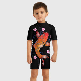 Детский купальный костюм 3D с принтом Карп Кои с Цветами в Белгороде, Полиэстер 85%, Спандекс 15% | застежка на молнии на спине | fish | japan | koi | животные | иероглифы | карпы | кои | рыбы | цветы | япония