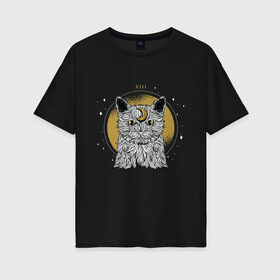Женская футболка хлопок Oversize с принтом Лунный котик в Белгороде, 100% хлопок | свободный крой, круглый ворот, спущенный рукав, длина до линии бедер
 | astro | cat | esoteric | kitten | kitty | moon cat | stars | taro | tarot | астро | астрология | гадалка | гадание | звезды | каббала | карта таро | карта таро с котом | кот | кот с луной | котенок | кошка | луна | нумерология