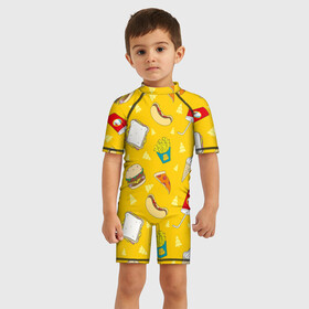 Детский купальный костюм 3D с принтом Фастфуд в Белгороде, Полиэстер 85%, Спандекс 15% | застежка на молнии на спине | бургеры | бутерброд | вредная еда | еда | мороженое | пицца | сок | фастфуд | хотдог