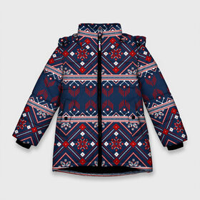 Зимняя куртка для девочек 3D с принтом Русские народные узоры в Белгороде, ткань верха — 100% полиэстер; подклад — 100% полиэстер, утеплитель — 100% полиэстер. | длина ниже бедра, удлиненная спинка, воротник стойка и отстегивающийся капюшон. Есть боковые карманы с листочкой на кнопках, утяжки по низу изделия и внутренний карман на молнии. 

Предусмотрены светоотражающий принт на спинке, радужный светоотражающий элемент на пуллере молнии и на резинке для утяжки. | Тематика изображения на принте: deer | folk patterns | patterns | russian patterns | slavic clothing | slavic style | народные узоры | олень | русские узоры | славянская одежда | славянский стиль | узоры