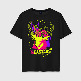 Женская футболка хлопок Oversize с принтом Beastars neon в Белгороде, 100% хлопок | свободный крой, круглый ворот, спущенный рукав, длина до линии бедер
 | anime | beastars | haru | legoshi | louis | manga | аниме | волк | выдающиеся звери | зайка | легоси | легоши | луи | манга | олень | хару