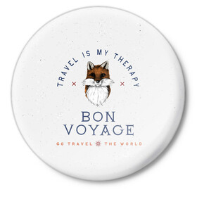 Значок с принтом Fox traveler в Белгороде,  металл | круглая форма, металлическая застежка в виде булавки | fox | бон вояж | лиса | лиса путешественница | путешествия