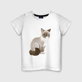 Детская футболка хлопок с принтом Grumpy Cat в Белгороде, 100% хлопок | круглый вырез горловины, полуприлегающий силуэт, длина до линии бедер | grumpy cat | грустный кот | кот мем | мем | сердитая кошка