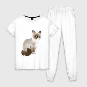 Женская пижама хлопок с принтом Grumpy Cat в Белгороде, 100% хлопок | брюки и футболка прямого кроя, без карманов, на брюках мягкая резинка на поясе и по низу штанин | grumpy cat | грустный кот | кот мем | мем | сердитая кошка
