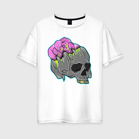 Женская футболка хлопок Oversize с принтом Roseskull в Белгороде, 100% хлопок | свободный крой, круглый ворот, спущенный рукав, длина до линии бедер
 | csgo | graffiti | hate | rose | skull | streetart | неон | неоновый череп | роза | цветы | череп