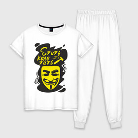 Женская пижама хлопок с принтом Анонимус (етить колотить) в Белгороде, 100% хлопок | брюки и футболка прямого кроя, без карманов, на брюках мягкая резинка на поясе и по низу штанин | анонимус | етить колотить | маска анонимуса | эвфемизмы мата