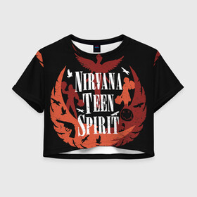 Женская футболка Crop-top 3D с принтом NIRVANA TEEN SPIRIT в Белгороде, 100% полиэстер | круглая горловина, длина футболки до линии талии, рукава с отворотами | art | cobain | curt | girl | grunge | metal | music | nirvana | punk | rock | spiritm | usa | гранж | группа | кобэйн | курт | метал | музыка | нирвана | панк | рисунок | рок | сша