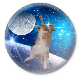 Значок с принтом Кисулькин в космосе в Белгороде,  металл | круглая форма, металлическая застежка в виде булавки | астроном пушистый | барсик | звезды | космос | котики | коты