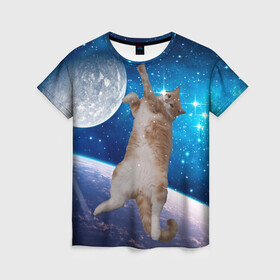 Женская футболка 3D с принтом Кисулькин в космосе в Белгороде, 100% полиэфир ( синтетическое хлопкоподобное полотно) | прямой крой, круглый вырез горловины, длина до линии бедер | астроном пушистый | барсик | звезды | космос | котики | коты