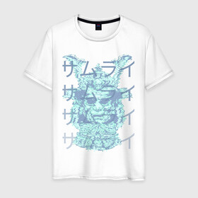 Мужская футболка хлопок с принтом Sea foam samurai в Белгороде, 100% хлопок | прямой крой, круглый вырез горловины, длина до линии бедер, слегка спущенное плечо. | воин | иероглифы | маска | самурай | череп | шлем | япония