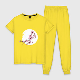 Женская пижама хлопок с принтом Ветка Сакуры в лунном свете в Белгороде, 100% хлопок | брюки и футболка прямого кроя, без карманов, на брюках мягкая резинка на поясе и по низу штанин | Тематика изображения на принте: cherry blossom | culture | enso | japan | monnlight | moon | moonshine | sakura | spring | акварель | весна | вишня | дерево | живопись | искусство | культура | луна | на фоне луны | рисунок | рисунок сакуры | сакура | слива | энсо | япония 
