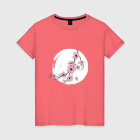 Женская футболка хлопок с принтом Ветка Сакуры в лунном свете в Белгороде, 100% хлопок | прямой крой, круглый вырез горловины, длина до линии бедер, слегка спущенное плечо | Тематика изображения на принте: cherry blossom | culture | enso | japan | monnlight | moon | moonshine | sakura | spring | акварель | весна | вишня | дерево | живопись | искусство | культура | луна | на фоне луны | рисунок | рисунок сакуры | сакура | слива | энсо | япония 