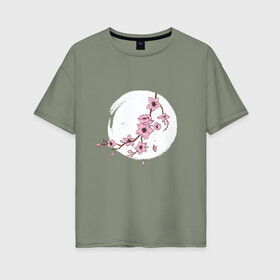 Женская футболка хлопок Oversize с принтом Ветка Сакуры в лунном свете в Белгороде, 100% хлопок | свободный крой, круглый ворот, спущенный рукав, длина до линии бедер
 | Тематика изображения на принте: cherry blossom | culture | enso | japan | monnlight | moon | moonshine | sakura | spring | акварель | весна | вишня | дерево | живопись | искусство | культура | луна | на фоне луны | рисунок | рисунок сакуры | сакура | слива | энсо | япония 