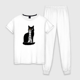 Женская пижама хлопок с принтом КотоМордор в Белгороде, 100% хлопок | брюки и футболка прямого кроя, без карманов, на брюках мягкая резинка на поясе и по низу штанин | cat | башня | властелин колец | киса | кот | котенок | котэ | кошка | мордор | фильм | черный