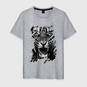 Мужская футболка хлопок с принтом Оскал Тигра в Белгороде, 100% хлопок | прямой крой, круглый вырез горловины, длина до линии бедер, слегка спущенное плечо. | брутальность | в трендах | зверь | мощь | сила | тигр | ярость