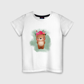 Детская футболка хлопок с принтом Мишка в Белгороде, 100% хлопок | круглый вырез горловины, полуприлегающий силуэт, длина до линии бедер | венок | косолапый | лес | мишка | цветы
