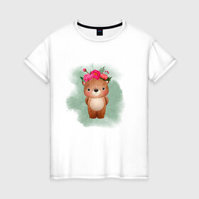 Женская футболка хлопок с принтом Мишка в Белгороде, 100% хлопок | прямой крой, круглый вырез горловины, длина до линии бедер, слегка спущенное плечо | венок | косолапый | лес | мишка | цветы