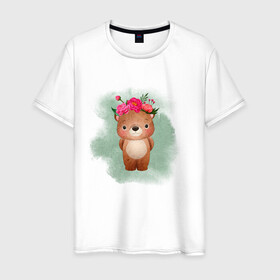 Мужская футболка хлопок с принтом Мишка в Белгороде, 100% хлопок | прямой крой, круглый вырез горловины, длина до линии бедер, слегка спущенное плечо. | венок | косолапый | лес | мишка | цветы