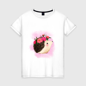 Женская футболка хлопок с принтом Ежик в Белгороде, 100% хлопок | прямой крой, круглый вырез горловины, длина до линии бедер, слегка спущенное плечо | венок | еж | иголки | колючий | цветы