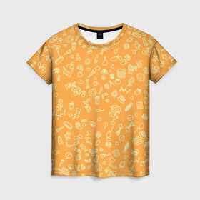 Женская футболка 3D с принтом оранжевая еда в Белгороде, 100% полиэфир ( синтетическое хлопкоподобное полотно) | прямой крой, круглый вырез горловины, длина до линии бедер | еда | кофе | овощи | пончики | фрукты | чай