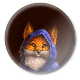 Значок с принтом Лисенок в капюшоне в Белгороде,  металл | круглая форма, металлическая застежка в виде булавки | fox | foxy | животное | звери | лиса | лисенок | лисичка | милая | рыжая | фокс