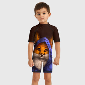 Детский купальный костюм 3D с принтом Лисенок в капюшоне в Белгороде, Полиэстер 85%, Спандекс 15% | застежка на молнии на спине | Тематика изображения на принте: fox | foxy | животное | звери | лиса | лисенок | лисичка | милая | рыжая | фокс