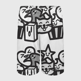 Детские спортивные шорты 3D с принтом Чёрно-белые дудлы в Белгороде,  100% полиэстер
 | пояс оформлен широкой мягкой резинкой, ткань тянется
 | Тематика изображения на принте: doodle | белый | ворон | ворона | дудл | дудлы | звезда | кекс | кот | котэ | кошка | сердечко | сердце | чёрно белый | чёрный