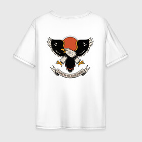 Мужская футболка хлопок Oversize с принтом Татуировка орла (На спине) в Белгороде, 100% хлопок | свободный крой, круглый ворот, “спинка” длиннее передней части | eagle | red sun | retro | tape | tattoo | vintage | wings | бесчестие | винтаж | классика | классическая татуировка | когти | красное солнце | крылья | лента | ленточка | орел | победа или позор | принт на спине | ретро | тату