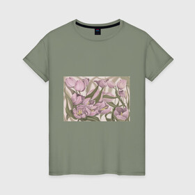 Женская футболка хлопок с принтом Сахарный розовый в Белгороде, 100% хлопок | прямой крой, круглый вырез горловины, длина до линии бедер, слегка спущенное плечо | flowers | sugar pink | бутоны | весна | женственность | нежность | природа | тюльпан | флавер | цветы