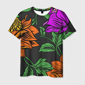 Мужская футболка 3D с принтом Тропические цветы в Белгороде, 100% полиэфир | прямой крой, круглый вырез горловины, длина до линии бедер | flower | nature | лето | листья | оранжевый | природа | узор | цветок | цветы