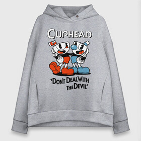 Женское худи Oversize хлопок с принтом Cuphead, Dont deal with devil в Белгороде, френч-терри — 70% хлопок, 30% полиэстер. Мягкий теплый начес внутри —100% хлопок | боковые карманы, эластичные манжеты и нижняя кромка, капюшон на магнитной кнопке | cuphead | dont deal with the devil | mugman | игры | капхед | магмен | чашеголовый