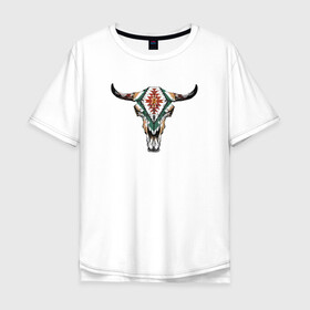 Мужская футболка хлопок Oversize с принтом Разрисованный Череп в Белгороде, 100% хлопок | свободный крой, круглый ворот, “спинка” длиннее передней части | буйвол | разрисованный череп | рога | череп | череп буйвола